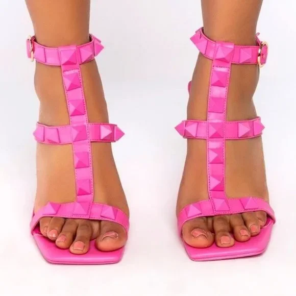 Stasia Barbie Rockstar: Pink Stud Ankle Strap Chunky Heel Sandal 8 8.5 - Picture 4 of 5